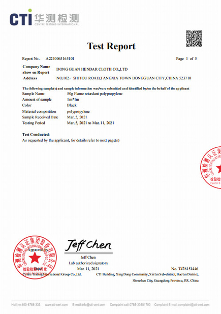 China Dong Guan Hendar Cloth Co., Ltd certificaten